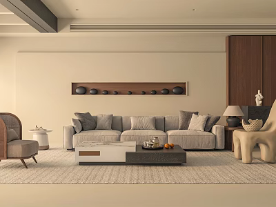 Modern Living And Dining Room Interior With Beige Sofa Coffee Table And Decorative Shelf 3d model