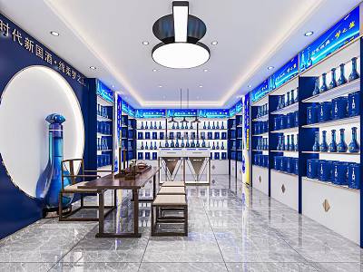 Newly Upgraded Liquor Store Interior With Blue Bottles Display And Shelves 3d model