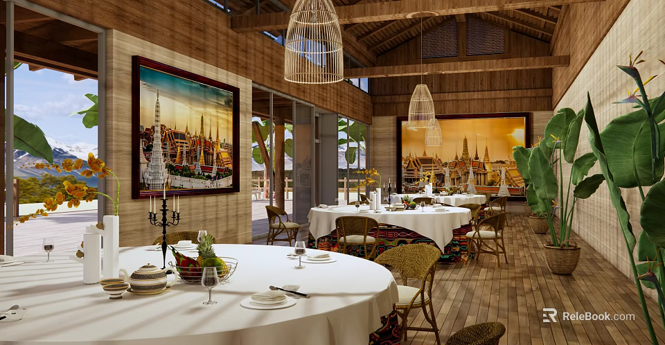 Elegant Private Dining Room With Wooden Ceiling Cage Chandeliers Decorative Paintings And White Tablecloths 3d model 