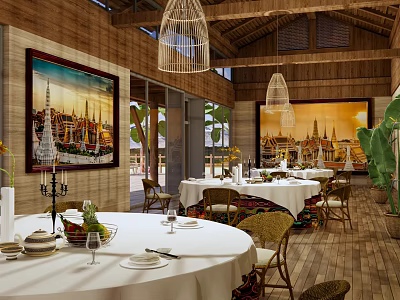 Elegant Private Dining Room With Wooden Ceiling Cage Chandeliers Decorative Paintings And White Tablecloths 3d model