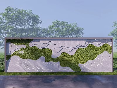 Outdoor Feature Wall With Green Plant Cover And Wavy White Designs 3d model
