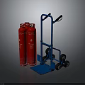 Two Red Gas Cylinders Together With Blue Wheeled Cylinder Transport Cart