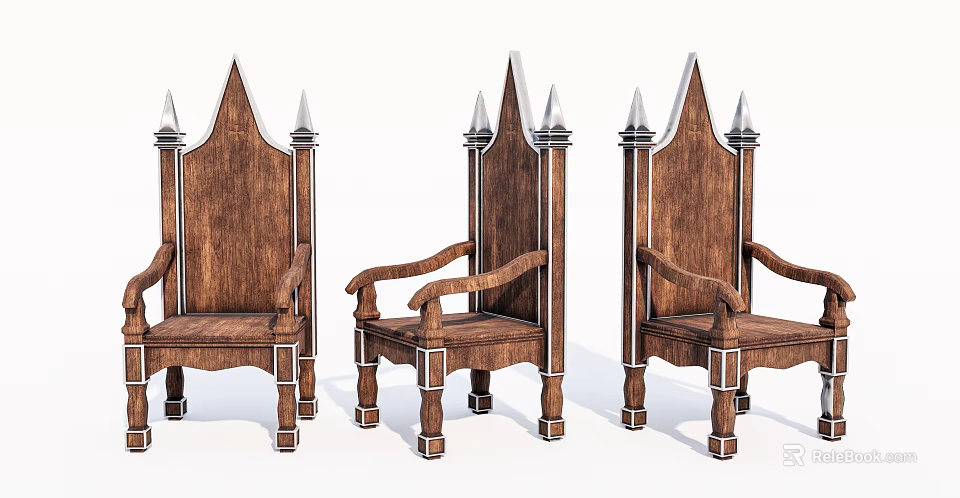 Three Gothic Inspired Wooden Leisure Chairs With Spiked Top And Metal Accents 3d model 