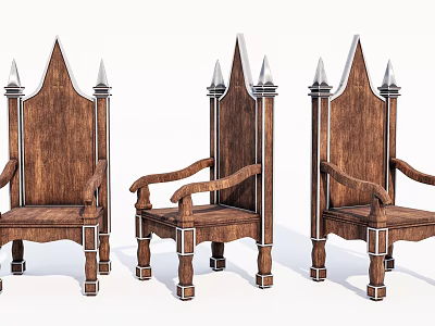 Three Gothic Inspired Wooden Leisure Chairs With Spiked Top And Metal Accents 3d model