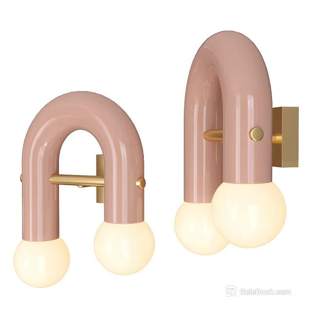 Pink Curved Wall Lamp Design With Gold Mounting Base And Spherical White Light Bulbs 3d model