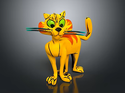 Cartoon Yellow Cat with Green Eyes Orange Black Stripes Blue Whiskers Standing on Dark Background 3d model