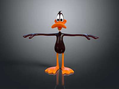 Cartoon Duck Sculpture With Black Body Orange Beak And Outstretched Arms On Reflective Base 3d model