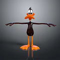 Cartoon Duck Sculpture With Black Body Orange Beak And Outstretched Arms On Reflective Base