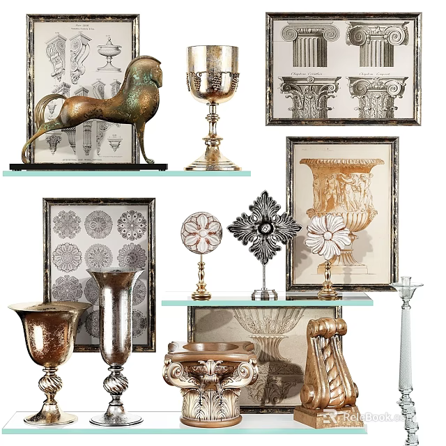 Elegant Decorative Ornament Set With Bronze Horse Sculpture Metal Vases Patterned Frames And Candlesticks 3d model 