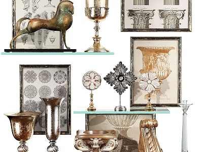 Elegant Decorative Ornament Set With Bronze Horse Sculpture Metal Vases Patterned Frames And Candlesticks 3d model