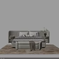 Double Bed with Upholstered Headboard Pillows Nightstands Green Vase and Bench on Light Rug
