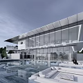 Modern Sales Office Building With Glass Curtain Wall And Pool Water Reflection Greenery