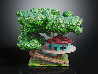 Blue Treehouse Architecture With Red Roof Green Trees Steps And Mushrooms 3d model