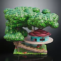 Blue Treehouse Architecture With Red Roof Green Trees Steps And Mushrooms