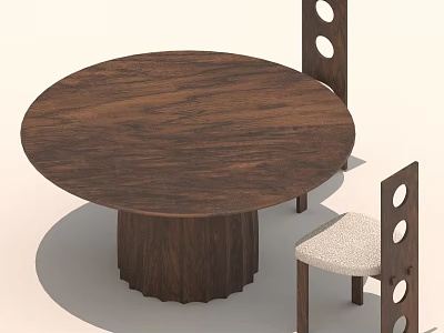 Round Wooden Dining Table With Carved Pedestal Base And Two Chairs With Circular Cutouts 3d model