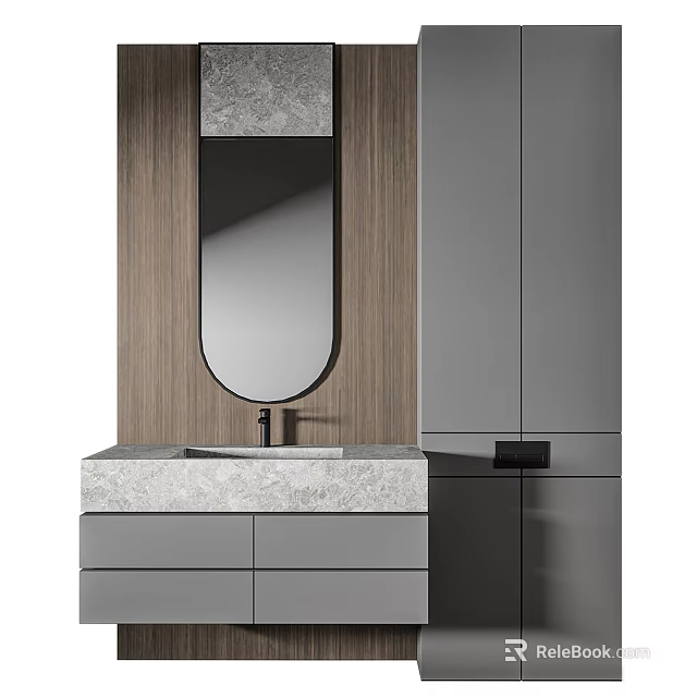 Modern Bathroom Vanity With Oval Mirror Marble Countertop Wooden Wall And Grey Cabinets 3d model 