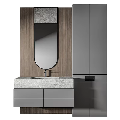 Modern Bathroom Vanity With Oval Mirror Marble Countertop Wooden Wall And Grey Cabinets 3d model