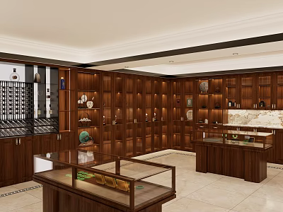 Luxury Wine Cellar Interior With Wooden Racks Glass Display Cabinets And Marble Countertops 3d model