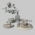 Elegant Dining Tableware Set with Plates Cup Teapot Cutlery and Green Leaf Vase