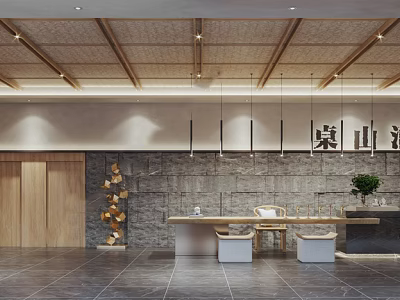 Hotel Lobby Interior With Wooden Ceiling Stone Wall Hanging Lights Reception Desk And Green Plant 3d model