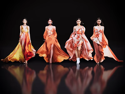Four women in flowing orange and yellow gradient long dresses with reflections on black background 3d model