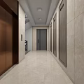 Elevator Hallway With Marble Walls Floor Staircase Black Handrail White Doors And Green Plants