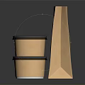 Decorative Ornament Set with Paper Bag and Stacked Paper Cups White Lids on Black Background