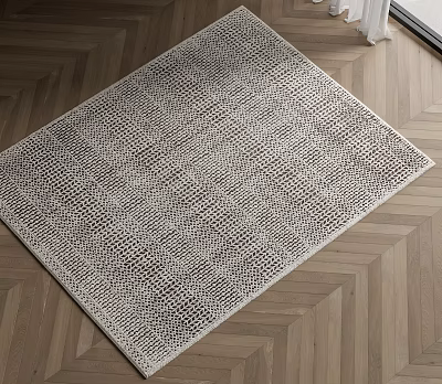 Modern Square Area Rug with Woven Texture on Herringbone Wooden Floor 3d model