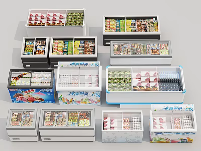 Diverse Commercial Display Freezers In Multiple Styles And Sizes Featuring Assorted Frozen Products 3d model