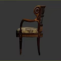 Vintage Accent Chair With Wooden Carved Frame Lattice Back And Patterned Fabric Cushion