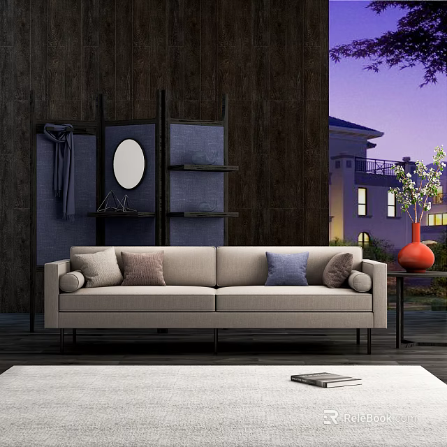 Light Gray Two Seater Sofa With Pillows Shelf Mirror And Night View Building 3d model