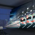 Projection Monitoring With Multiple Wall Screens Displaying Racing Car Visuals In Room