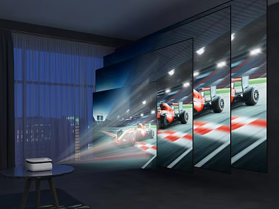 Projection Monitoring With Multiple Wall Screens Displaying Racing Car Visuals In Room 3d model