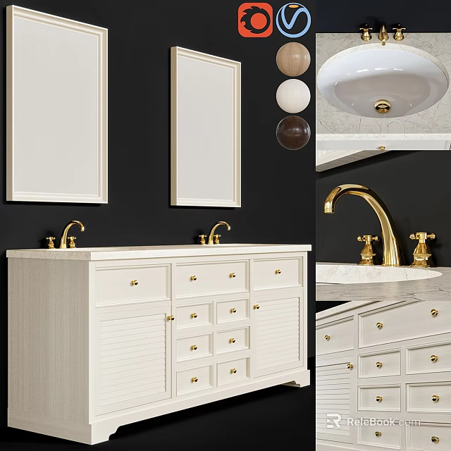 Elegant Bathroom Vanity With White Cabinet Gold Faucet Mirrors And Marble Countertop 3d model 