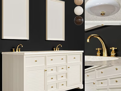 Elegant Bathroom Vanity With White Cabinet Gold Faucet Mirrors And Marble Countertop 3d model
