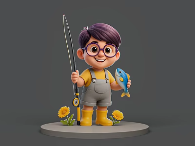 Boy In Gray Overalls Holding Fishing Rod And Blue Fish With Sunflowers And Yellow Boots 3d model