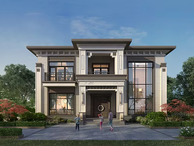 Two Story Detached Villa With Modern Exterior Large Glass Windows And Lush Greenery 3d model