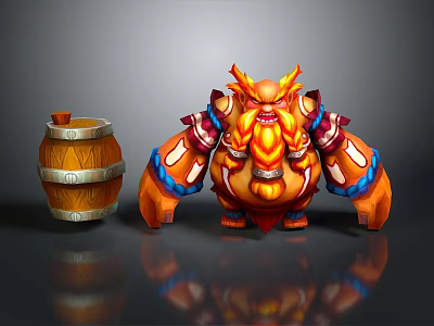 Cartoon Orange Horned Warrior Character With Decorative Armor And Wooden Barrel 3d model