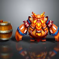 Cartoon Orange Horned Warrior Character With Decorative Armor And Wooden Barrel