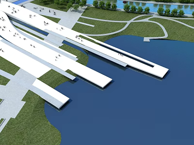 Scenic Landscape with White Waterfront Walkways Green Grass Trees and People Enjoying the View 3d model