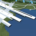 Scenic Landscape with White Waterfront Walkways Green Grass Trees and People Enjoying the View