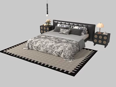 Modern Double Bed With Dark Headboard Patterned Bedding Nightstands Table Lamps And Area Rug 3d model