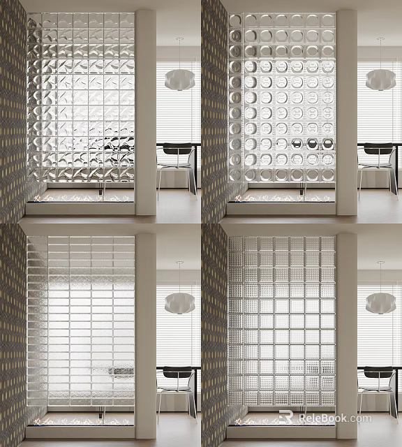 Modern Glass Room Dividers With Decorative Diamond Circular Square Patterns And Louvre Designs For Interior 3d model 