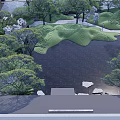 Modern Outdoor Pergola Design With Natural Pond Trees And Rockery Landscape