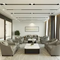 Modern Elegant Hotel Public Lounge Area With Gray Sofas Coffee Table And Decorative Paintings
