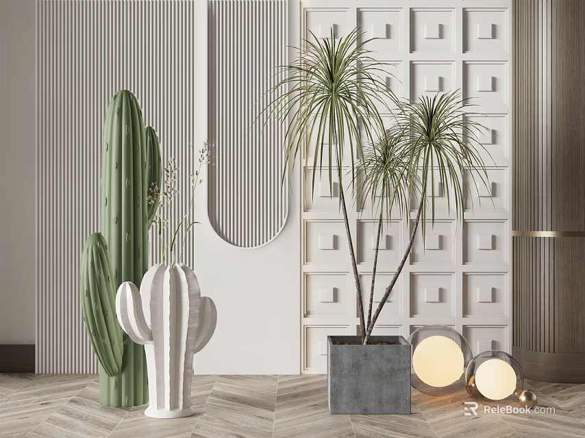 Modern Indoor Potted Plants Decoration With Cactus And Palm Like Plants In Stylish Pots 3d model 