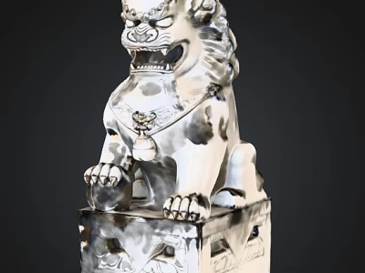 Silver Stone Lion Statue Featuring Intricate Facial Details And Carved Base 3d model