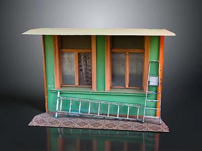 Small Green Building Exterior With Two Windows Wooden Frames Awning Metal Railing And Patterned Mat 3d model