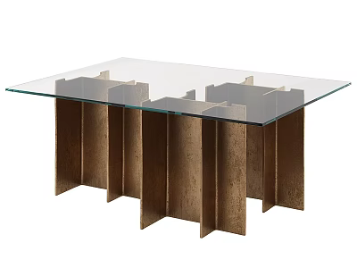 Modern Dining Table With Clear Glass Top And Geometric Brass Metal Base 3d model