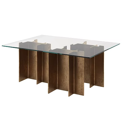 Modern Dining Table With Clear Glass Top And Geometric Brass Metal Base 3d model